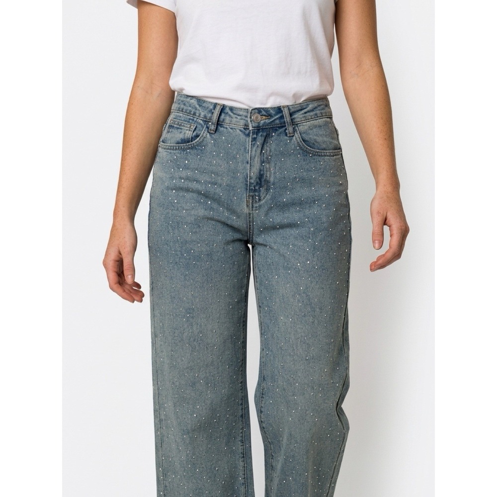 High Rise wide-leg denim jeans embellished Crystals Size 6(8-b64)